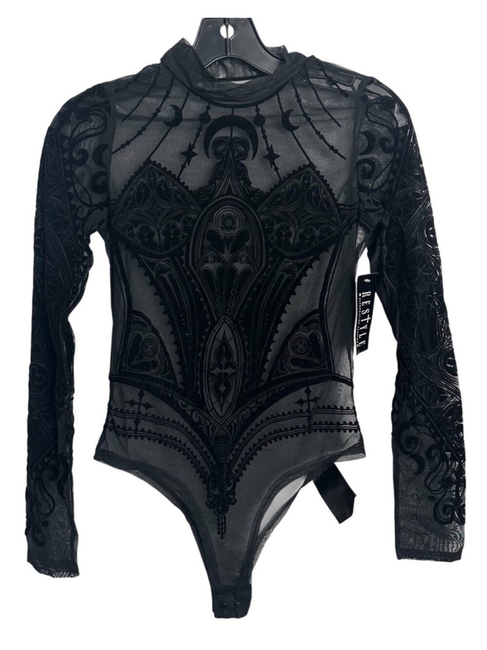 Restyle Gothic Cathedral Velvet Flock Sheer Mesh Mock Neck Long Sleeve Bodysuit
